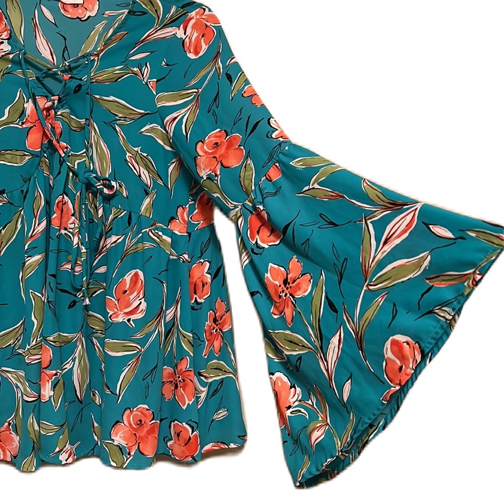 Peach Love, Long Bell Sleeves, Tie Up Neckline, Floral Print Top, Multi, S - Picture 3 of 5